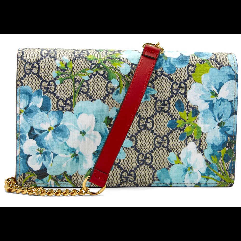 GG Supreme Monogram Blooms Chain Wallet Blue